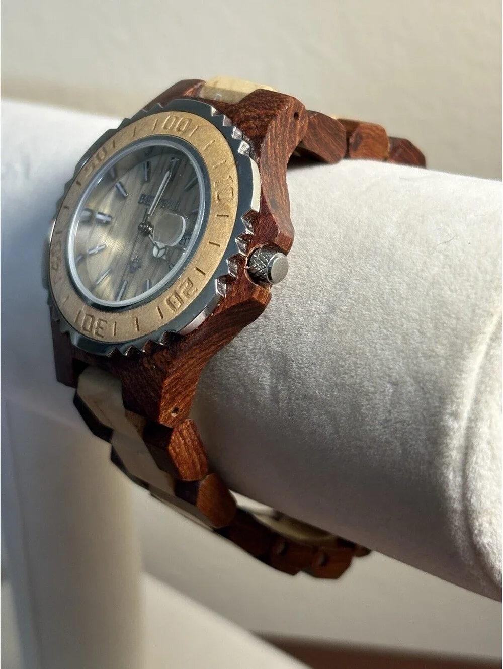 BEWELL Wooden Watch Date Quartz Two-Tone Wood Band 38mm
